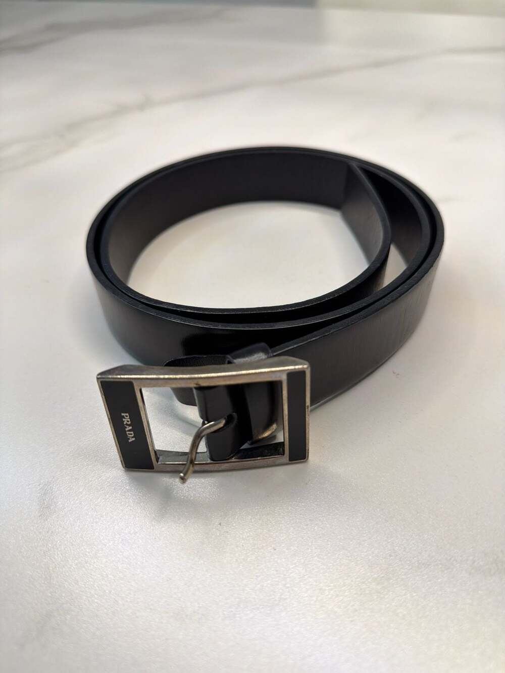 Prada Vintage Thin Black Leather Belt with Silver Square Buckle